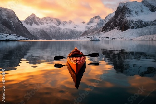 Winter kayaking in snowy Antarctica with a mountainous landscape and a journey through a lake. Generative AI