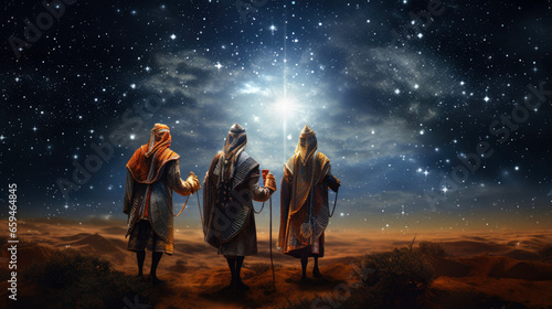 The Three Wise Men carry gifts through the desert guided by the stars. Christmas concept. photo