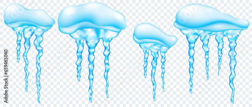 Set of snowdrifts with translucent light blue realistic icicles of different lengths, isolated on transparent background. Transparency only in vector format