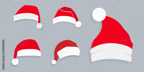 Big set of realistic Santa Hats isolated on transparent background. Vector santa claus hat colllection, holiday cap to xmas illustration
