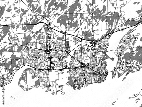 Greyscale vector city map of Kingston Ontario in Canada with with water, fields and parks, and roads on a white background.