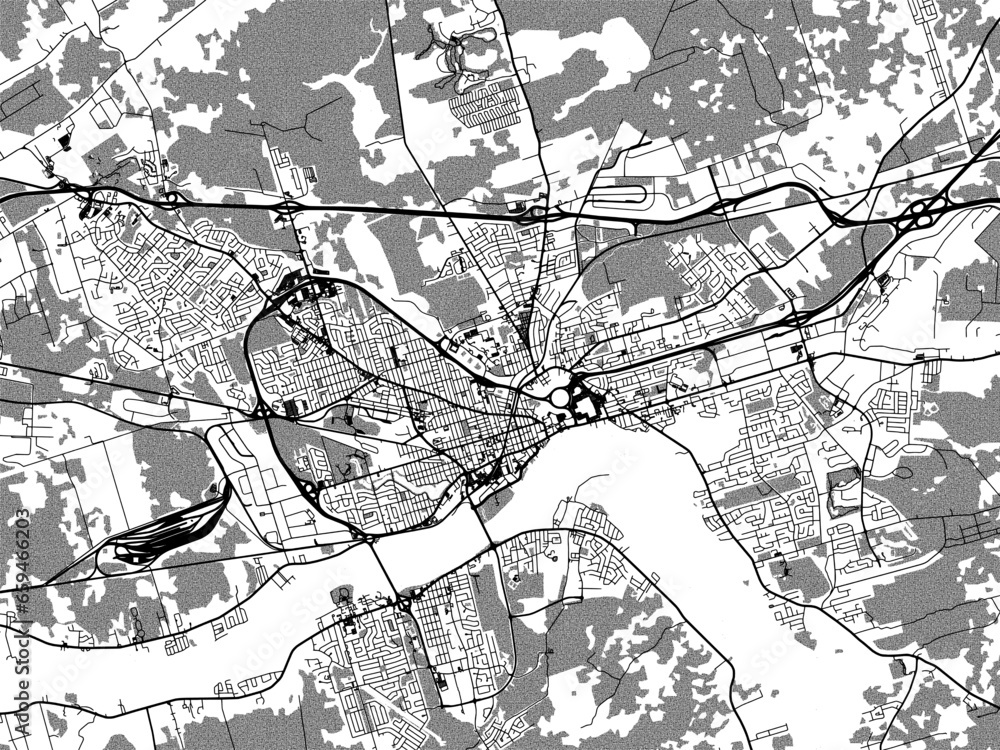 Fototapeta premium Greyscale vector city map of Moncton New Brunswick in Canada with with water, fields and parks, and roads on a white background.