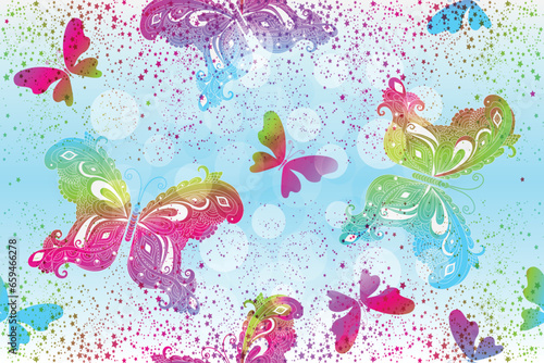 Vector seamless spring pattern with vintage colorful butterflies and stars © Olga Drozdova