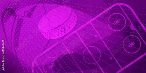 Abstract background in purple colors with different hockey symbols such as puck, stick, ice rink, cup