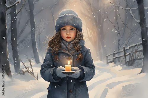 A girl holding a candle on a snowy day. Generative AI