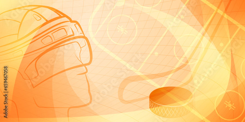 Abstract background in orange colors with different hockey symbols such as puck, stick, helmet, ice rink