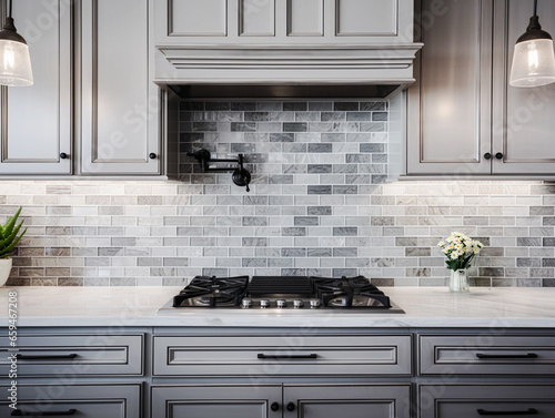 Modern gray and white colored kitchen with natural light, tile backsplash, white marble countertops, modern cabinetry, gas stovetop, front view mockup