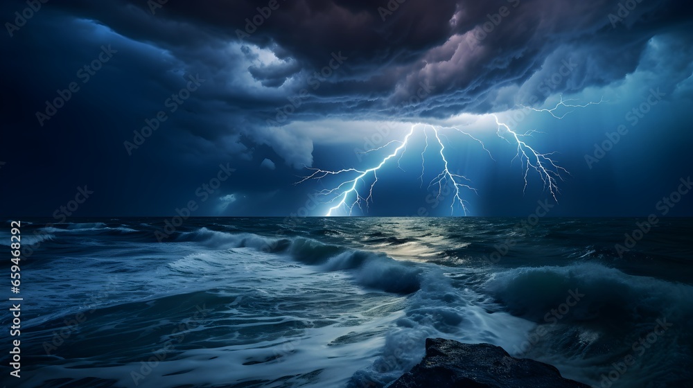Thunderstorm Majesty: Bright Lightning Fork Splitting Dark Skies over Tempestuous Ocean Waves