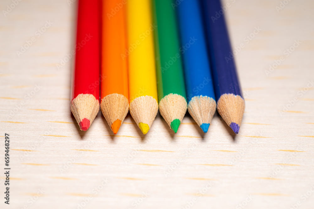 Close up of colorful crayons, LGBTQ(LGBTQ+) community flag colour, rainbow colours Close up of colorful crayons, LGBTQ(LGBTQ+) community flag colour, rainbow colours