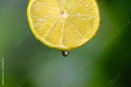Macro photography, a slice of ripe lime with a drop of juice on a green blurred background. Fruit background