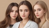 Photoshoot for a hair brand featuring three young women, set against a neutral beige backdrop. Generative AI.