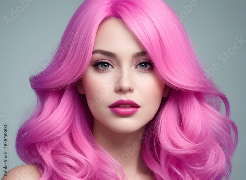 An emotional woman wearing a pink wig with pink lip makeup. Generative AI