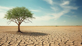 Dry land and single green tree, Global warming and climate change concept