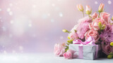 Gift box and bouquet of pink tulips with blurred purple background, copy space