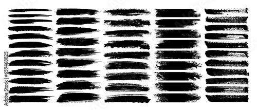 Set of grunge black ink paint brush stroke and dirty watercolor texture. Grungy splash, splatter or decoration element for social media. Torn or rip paper art. Paint brush silhouette for business.