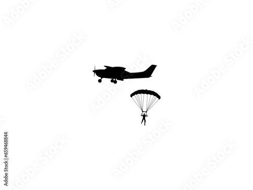 Skydiver flying with parachute silhouette.  Skydiver silhouette vector. Skydiver  isolated white background.