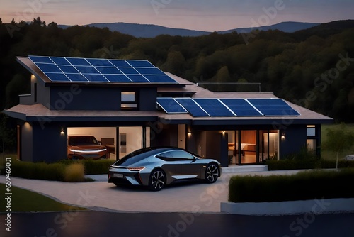View of a contemporary home in the evening with solar panels and electric vehicle photo