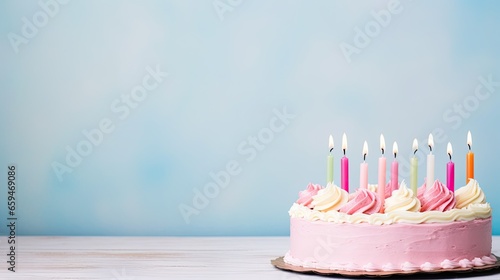 Ein rosa Geburtstagskuchen mit weißem Zuckerguss und bunten, pastellfarbenen, brennenden Kerzen vor hellblauem Hintergrund, mit Platz für Text und Glückwünsche. Geburtstagskarte photo