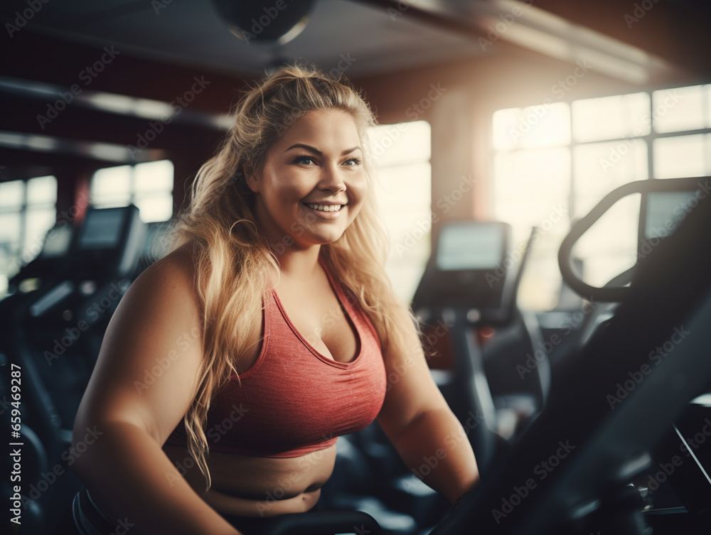 Fototapeta premium Smiling plus size young woman working out in gym