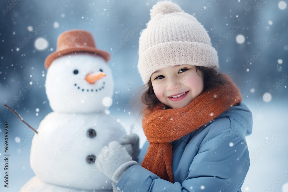 Little girl playing with her snowman Little girl playing with her snowman