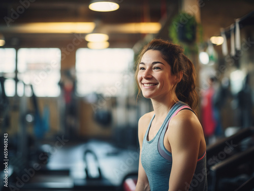 Smiling fit young woman working out in gym