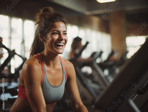 Smiling fit young woman working out in gym