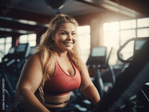 Smiling plus size young woman working out in gym