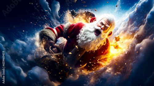 Man dressed as santa claus flying through the air with his arms outstretched.