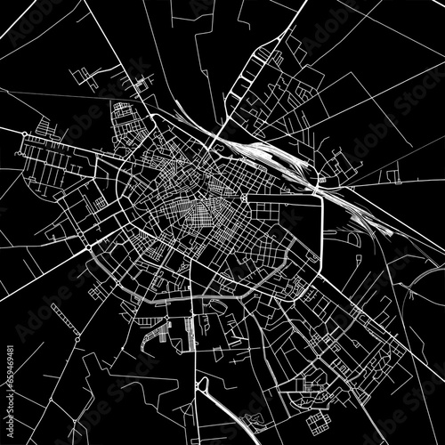 1:1 square aspect ratio vector road map of the city of  Foggia in Italy with white roads on a black background.