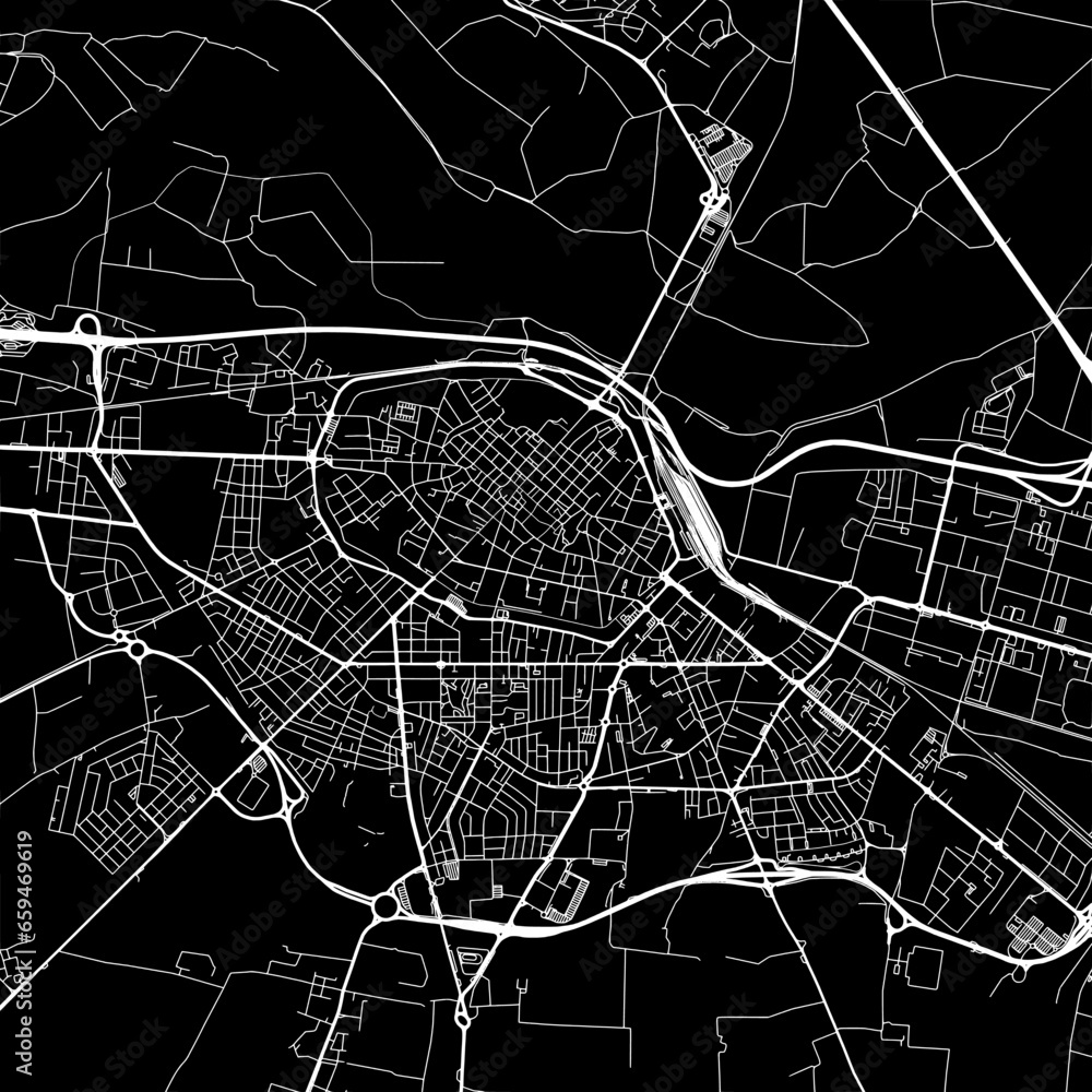 1:1 square aspect ratio vector road map of the city of  Piacenza in Italy with white roads on a black background.