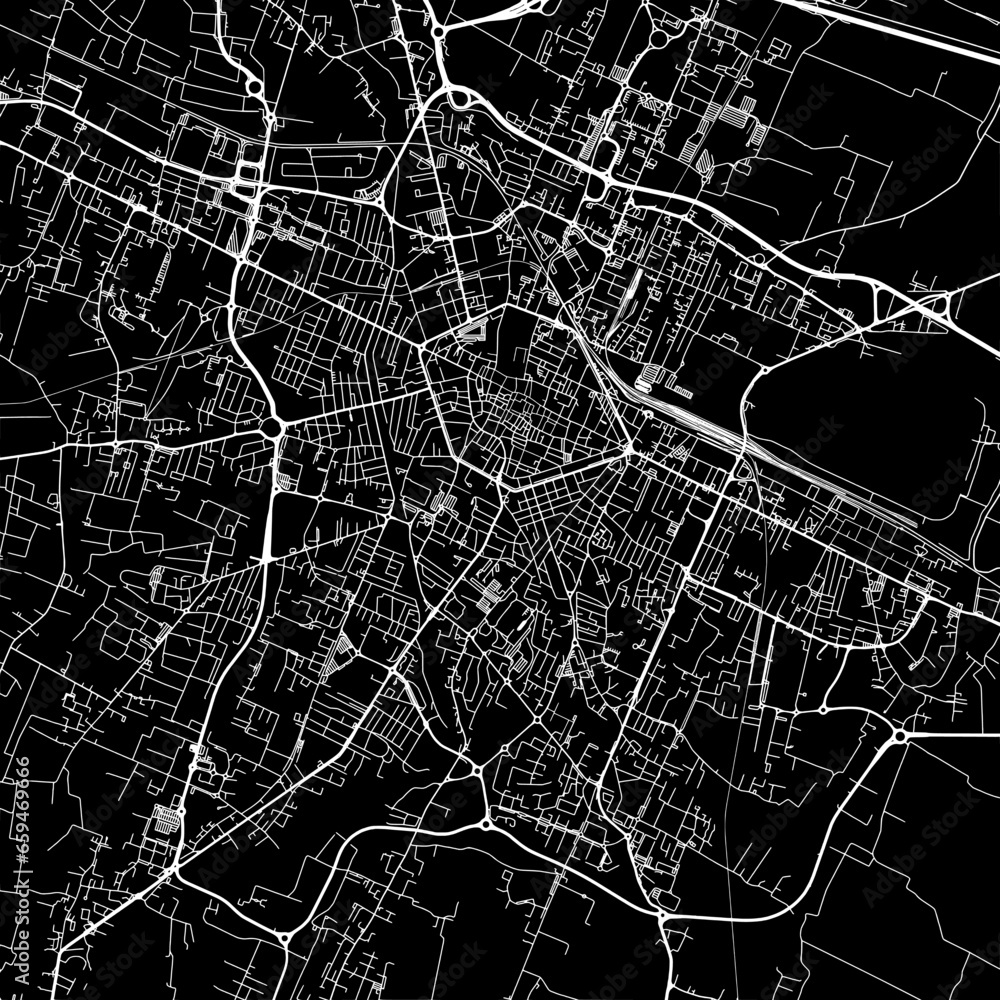 1:1 square aspect ratio vector road map of the city of  Reggio in Italy with white roads on a black background.