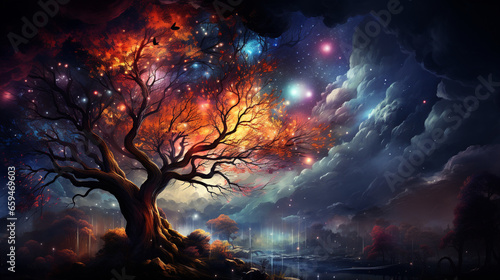 huge trees of life blend with psychedelic colored galaxies with stars, galaxy clouds 3d generative ai © Adja Atmaja