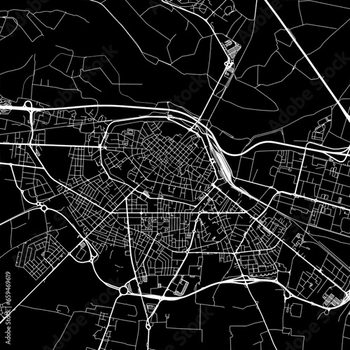 1:1 square aspect ratio vector road map of the city of  Piacenza in Italy with white roads on a black background.
