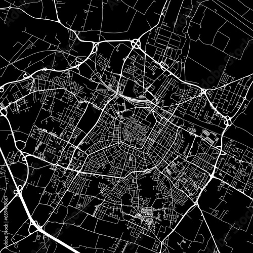 1:1 square aspect ratio vector road map of the city of  Modena in Italy with white roads on a black background.