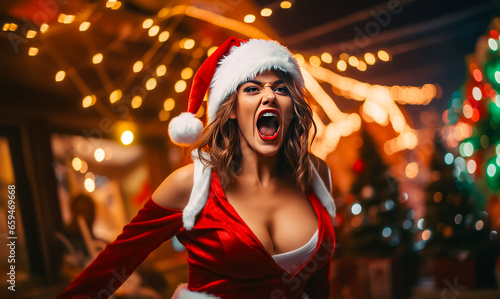 Woman wearing santa claus hat and holding her hands out in front of her face.