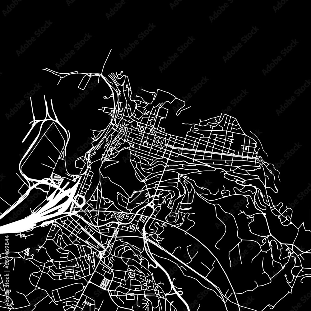 Obraz premium 1:1 square aspect ratio vector road map of the city of Ancona in Italy with white roads on a black background.