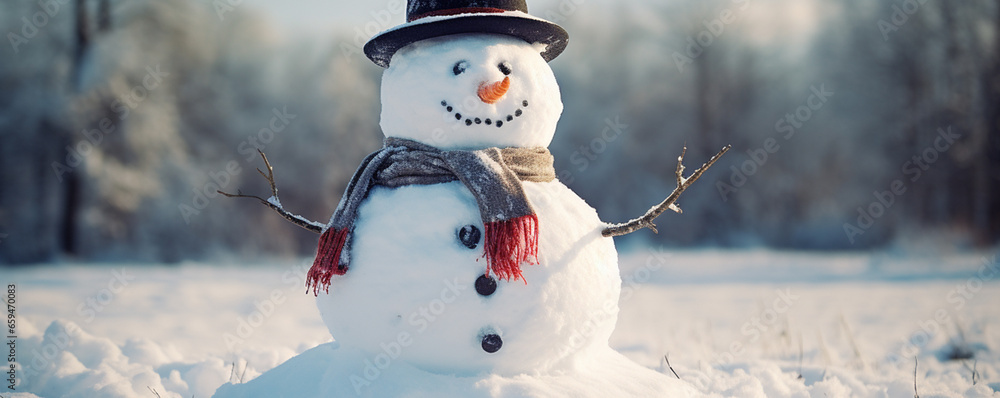 Obraz premium Amidst the breathtaking beauty of nature's frozen canvas, a snowman comes to life.
