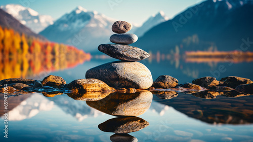 Balancing stones and landscape with lake and mountains