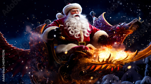 Santa claus sitting on top of dragon next to christmas tree.