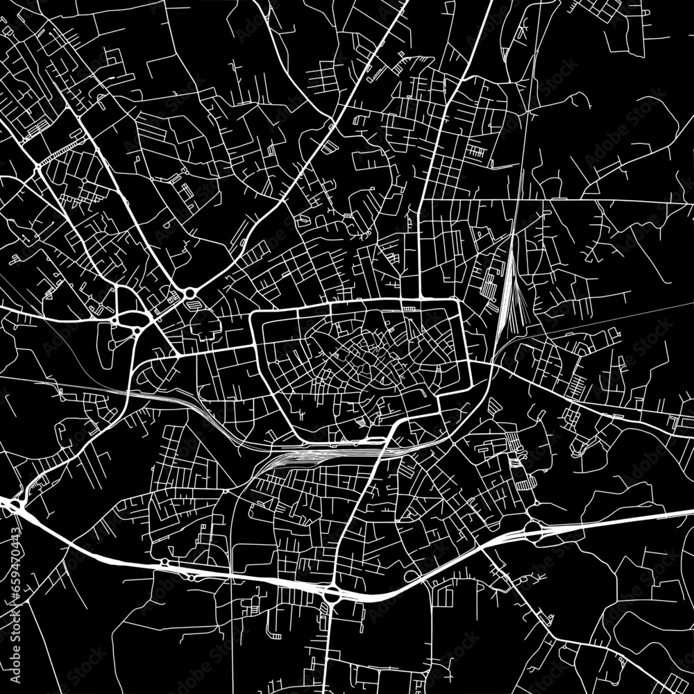 1:1 square aspect ratio vector road map of the city of Treviso in Italy with white roads on a black background. 1:1 square aspect ratio vector road map of the city of Treviso in Italy with white roads on a black background.