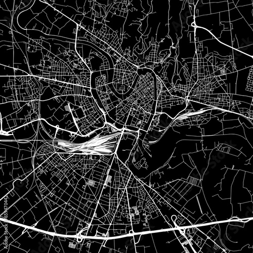 1:1 square aspect ratio vector road map of the city of  Verona in Italy with white roads on a black background.