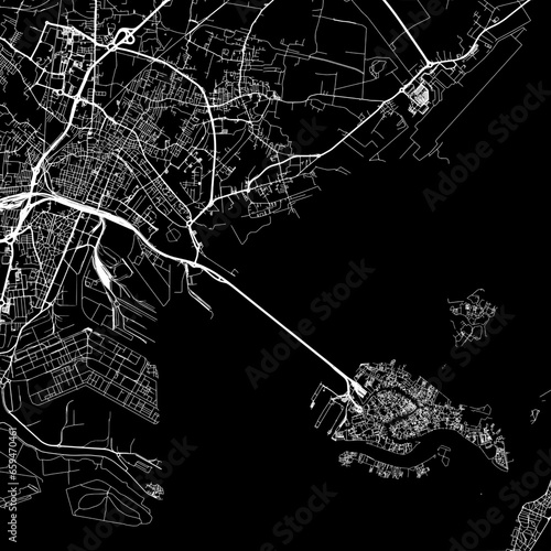 1:1 square aspect ratio vector road map of the city of  Venice in Italy with white roads on a black background.