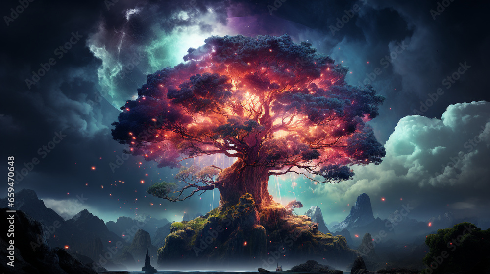 huge trees of life blend with psychedelic colored galaxies with stars, galaxy clouds 3d generative ai - obrazy, fototapety, plakaty 