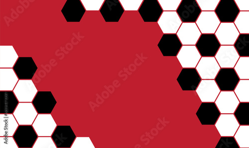 Soccer ball on red background. Football net pattern. Honeycomb cells. hexagon background.