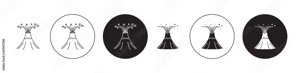 Volcano eruption Sign Set. Erupting volcanic explosion vector icon in black color. - obrazy, fototapety, plakaty 
