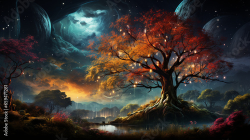 huge trees of life blend with psychedelic colored galaxies with stars, galaxy clouds 3d generative ai