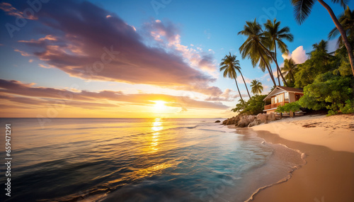 A serene tropical beach with clear blue waters and palm trees stunning nature scenery at sunset © Feathering Flower