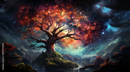 huge trees of life blend with psychedelic colored galaxies with stars, galaxy clouds 3d generative ai photo