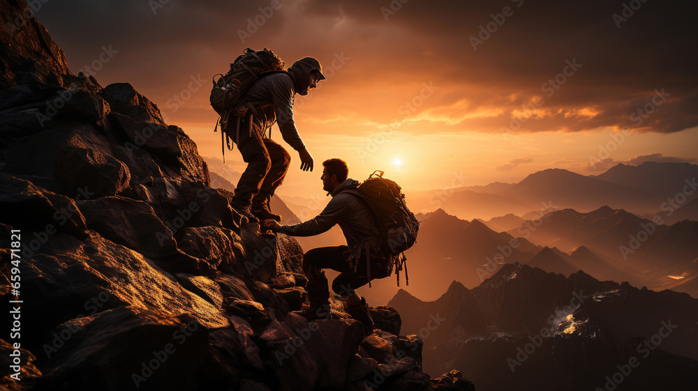 Travelers Climb One After Another On Rock. Teamwork Climbers, Hiking Fitness And Adventure, Standing on a Mountain with Large Backpacks, Mountaineer alpinist men help each other. Extreme Sports