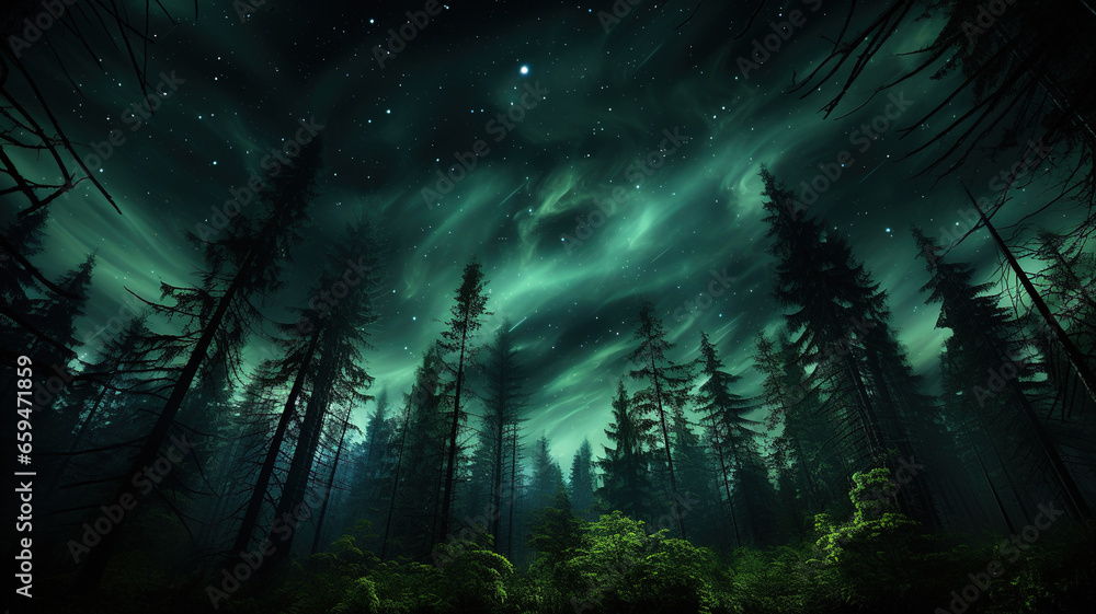 Night Forest Stary Sky with Aurora Borealis, Dark Woods, Pine Trees Silhouettes Natural Landscape, Clouds Wilderness Background Stars and Northern Polar Lights